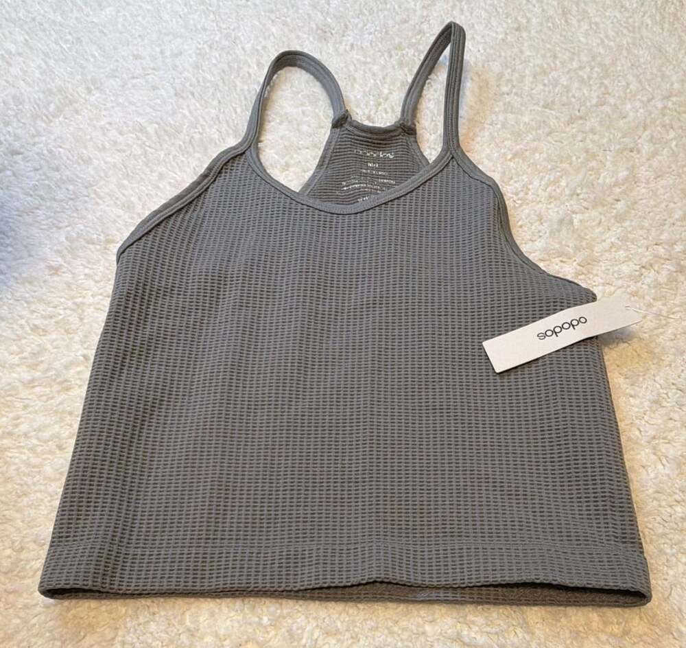 ODODOS Women's Gray Ribbed Seamless Racerback Cropped Tank Top